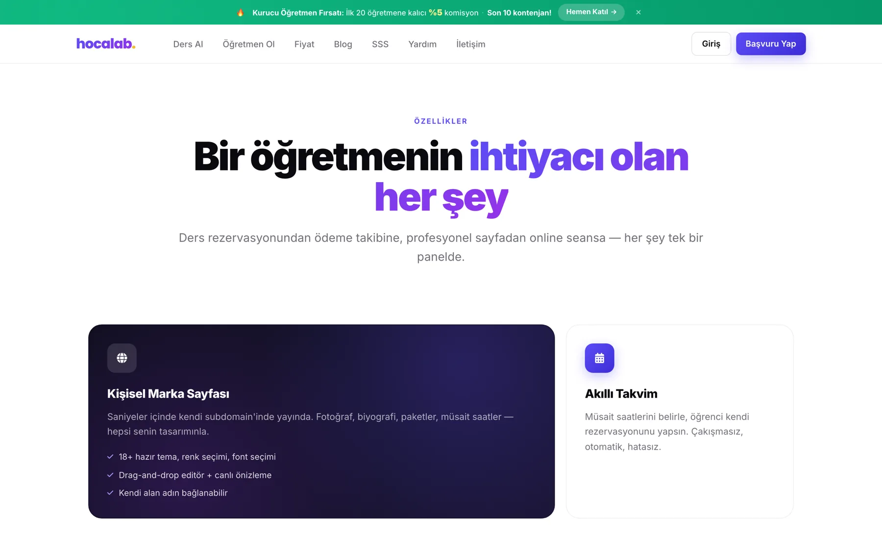 Hocalab özellikler sayfası